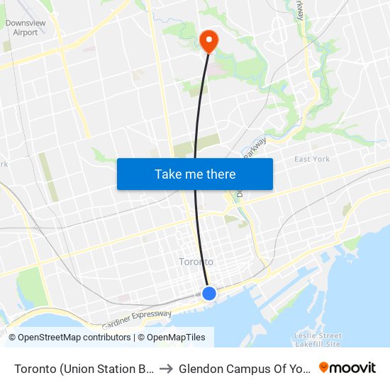 Toronto (Union Station Bus Terminal) to Glendon Campus Of York University map