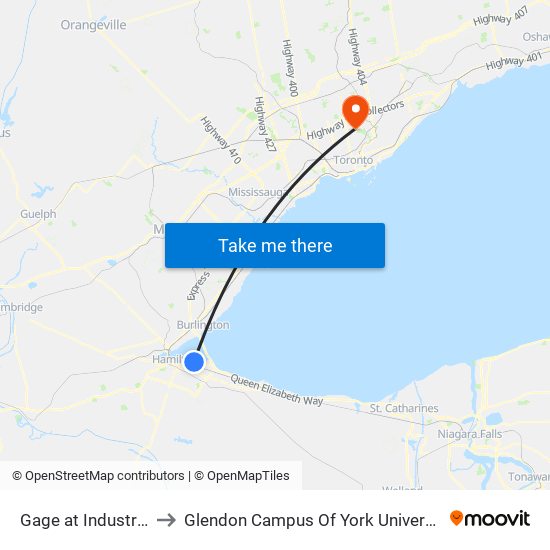 Gage at Industrial to Glendon Campus Of York University map