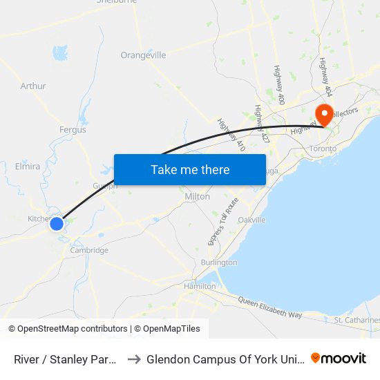 River / Stanley Park Mall to Glendon Campus Of York University map