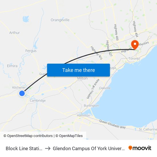 Block Line Station to Glendon Campus Of York University map