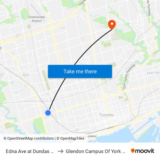 Edna Ave at Dundas St West to Glendon Campus Of York University map