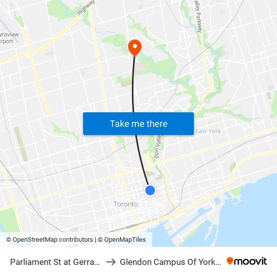 Parliament St at Gerrard St East to Glendon Campus Of York University map