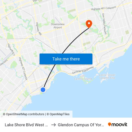 Lake Shore Blvd West at Tenth St to Glendon Campus Of York University map