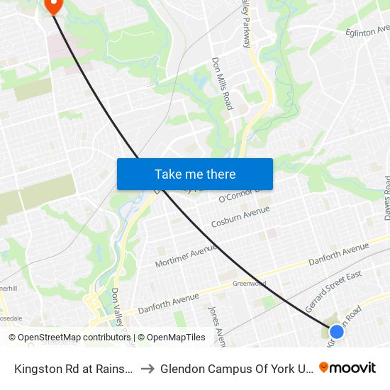 Kingston Rd at Rainsford Rd to Glendon Campus Of York University map