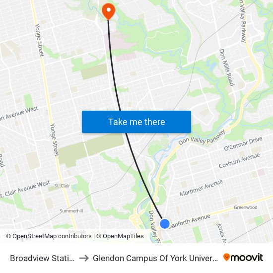 Broadview Station to Glendon Campus Of York University map