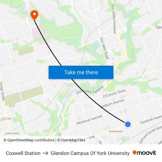 Coxwell Station to Glendon Campus Of York University map