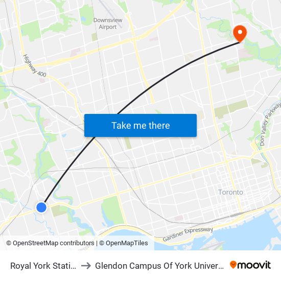 Royal York Station to Glendon Campus Of York University map