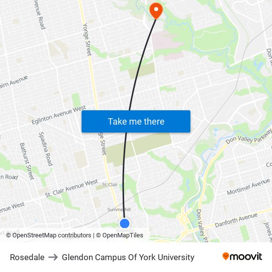 Rosedale to Glendon Campus Of York University map