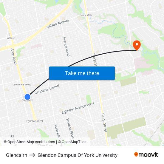 Glencairn to Glendon Campus Of York University map