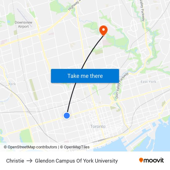 Christie to Glendon Campus Of York University map