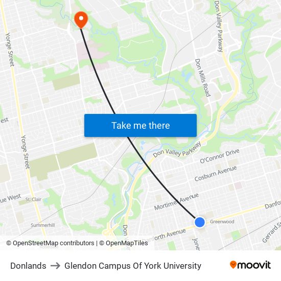 Donlands to Glendon Campus Of York University map