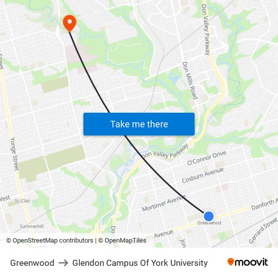 Greenwood to Glendon Campus Of York University map