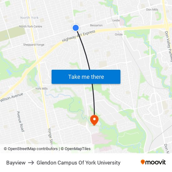 Bayview to Glendon Campus Of York University map