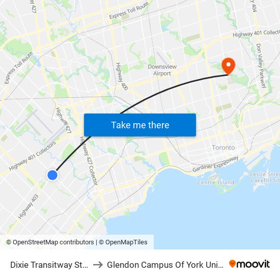 Dixie Transitway Station to Glendon Campus Of York University map