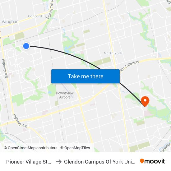 Pioneer Village Station to Glendon Campus Of York University map