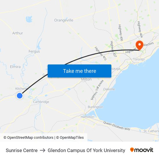 Sunrise Centre to Glendon Campus Of York University map