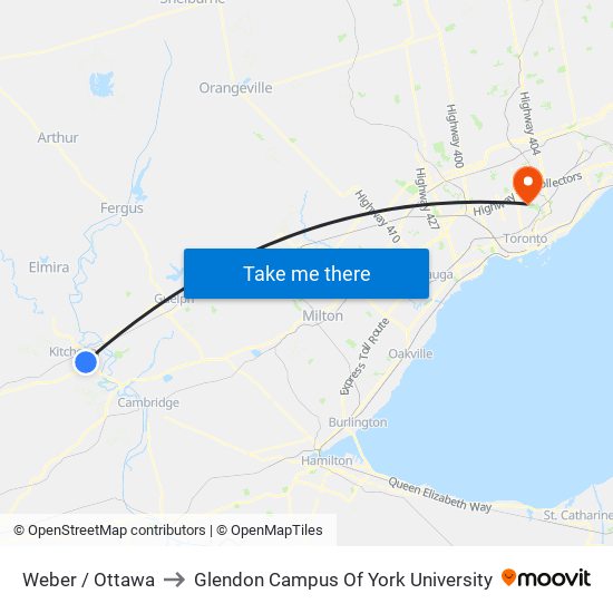 Weber / Ottawa to Glendon Campus Of York University map