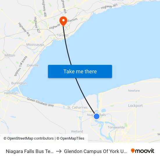 Niagara Falls Bus Terminal to Glendon Campus Of York University map