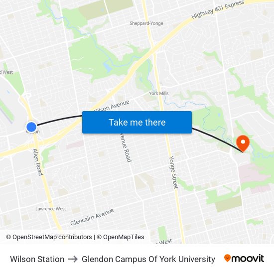 Wilson Station to Glendon Campus Of York University map