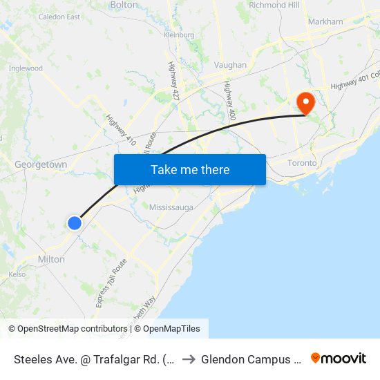 Steeles Ave. @ Trafalgar Rd. (Toronto Premium Outlets) to Glendon Campus Of York University map