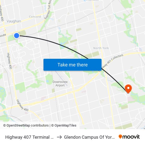 Highway 407 Terminal Platform 4 to Glendon Campus Of York University map