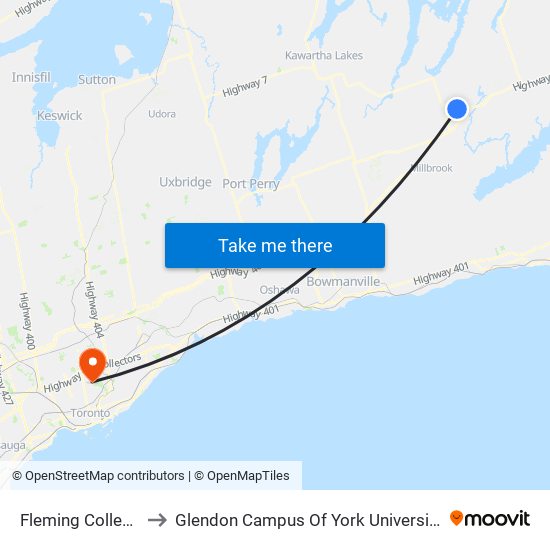 Fleming College to Glendon Campus Of York University map