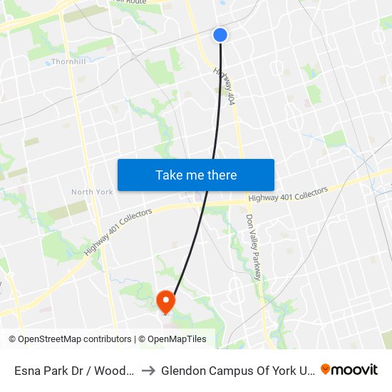 Esna Park Dr / Woodbine Av to Glendon Campus Of York University map