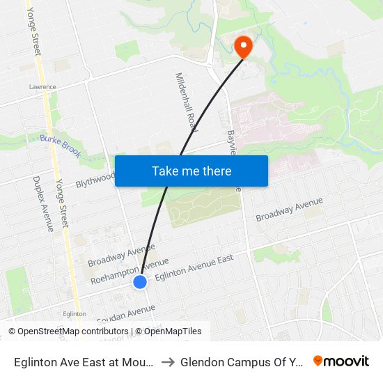 Eglinton Ave East at Mount Pleasant Rd to Glendon Campus Of York University map