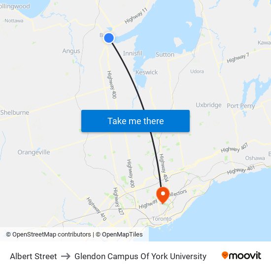 Albert Street to Glendon Campus Of York University map