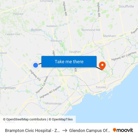 Brampton Civic Hospital - Zum Bovaird Stop Eb to Glendon Campus Of York University map