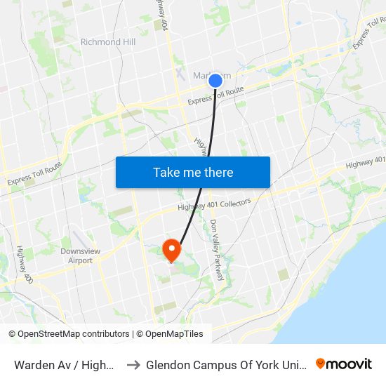 Warden Av / Highway 7 to Glendon Campus Of York University map