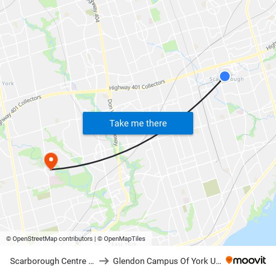 Scarborough Centre Station to Glendon Campus Of York University map