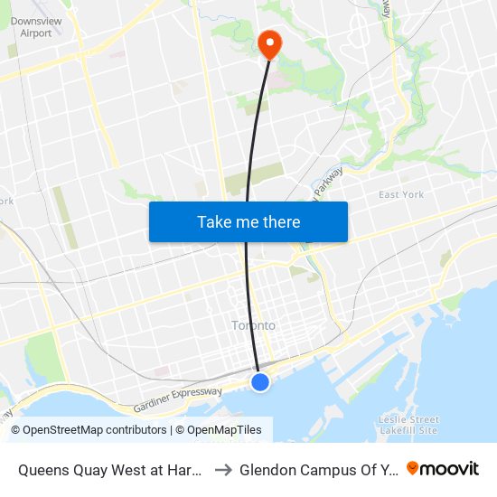 Queens Quay West at Harbourfront Centre to Glendon Campus Of York University map