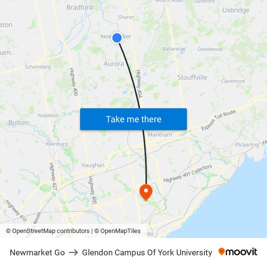 Newmarket Go to Glendon Campus Of York University map