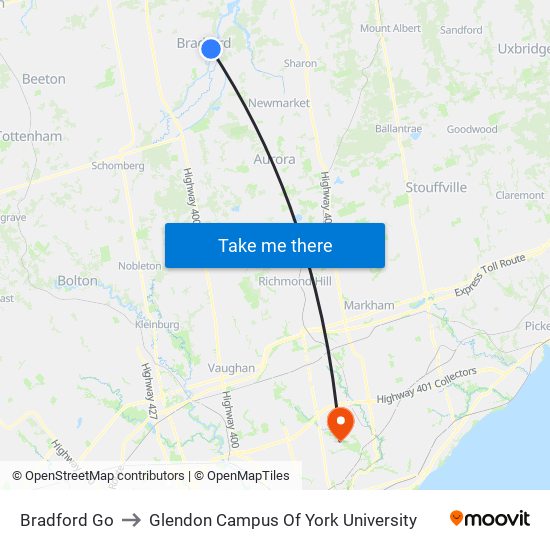 Bradford Go to Glendon Campus Of York University map