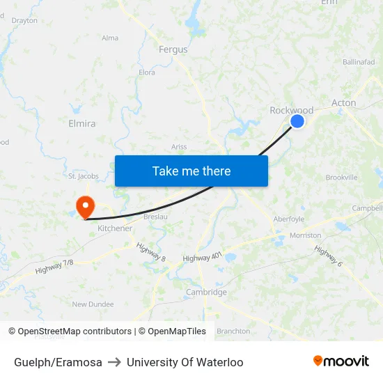 Guelph/Eramosa to University Of Waterloo map