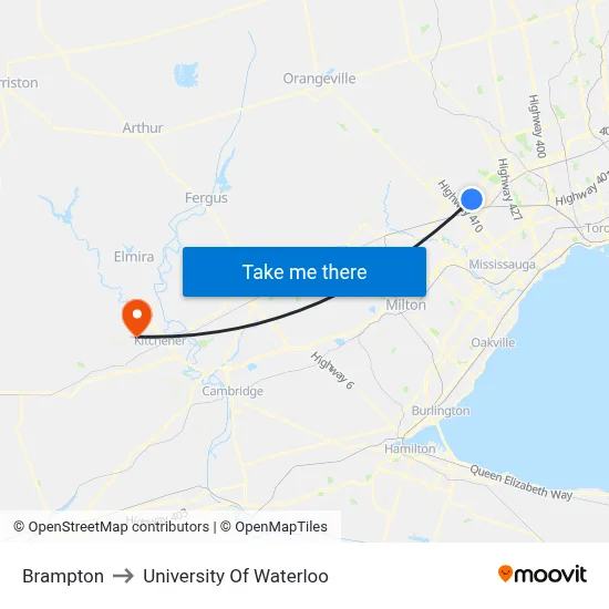 Brampton to University Of Waterloo map