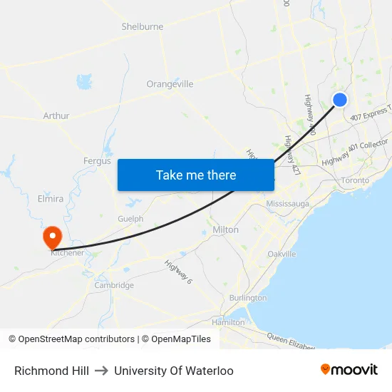 Richmond Hill to University Of Waterloo map