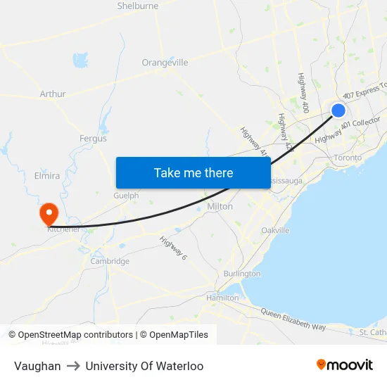 Vaughan to University Of Waterloo map