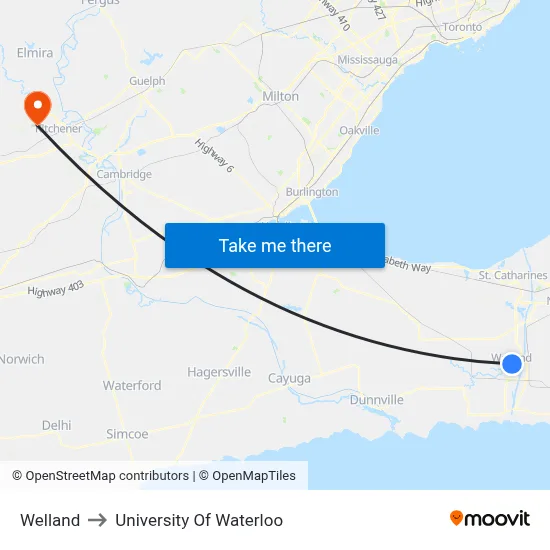 Welland to University Of Waterloo map