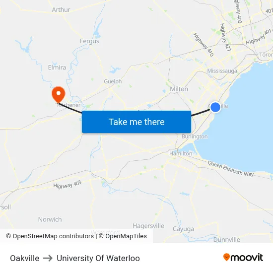 Oakville to University Of Waterloo map