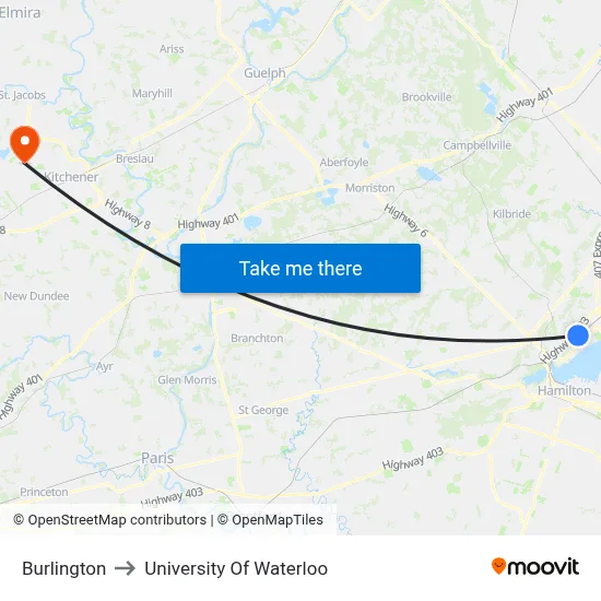 Burlington to University Of Waterloo map
