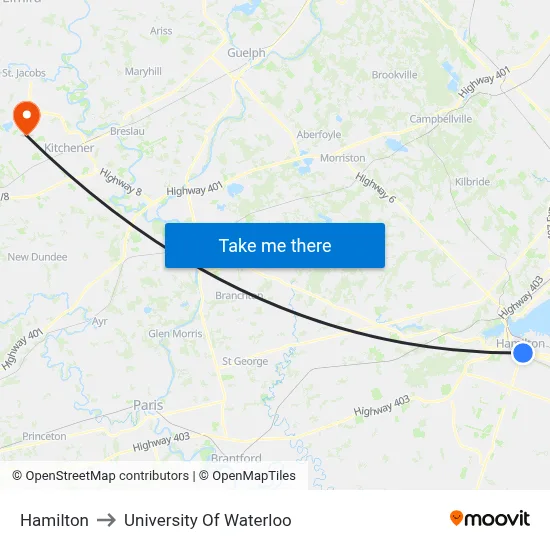 Hamilton to University Of Waterloo map