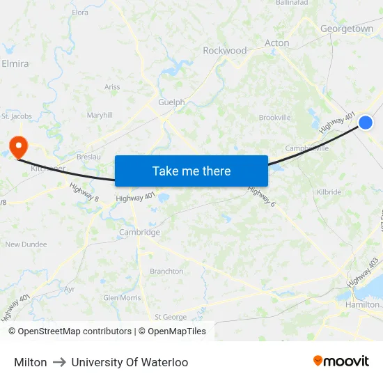 Milton to University Of Waterloo map