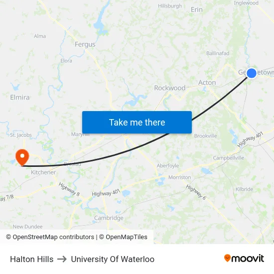 Halton Hills to University Of Waterloo map