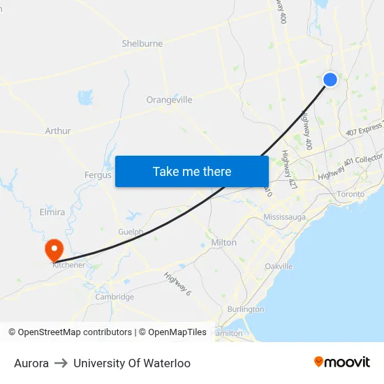 Aurora to University Of Waterloo map