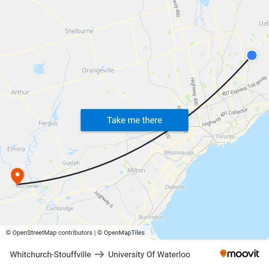 Whitchurch-Stouffville to University Of Waterloo map