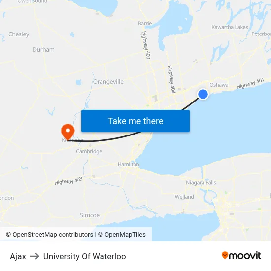 Ajax to University Of Waterloo map