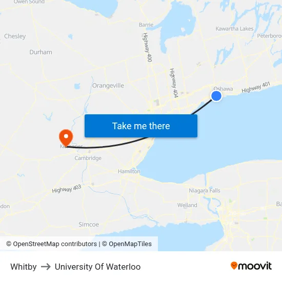 Whitby to University Of Waterloo map