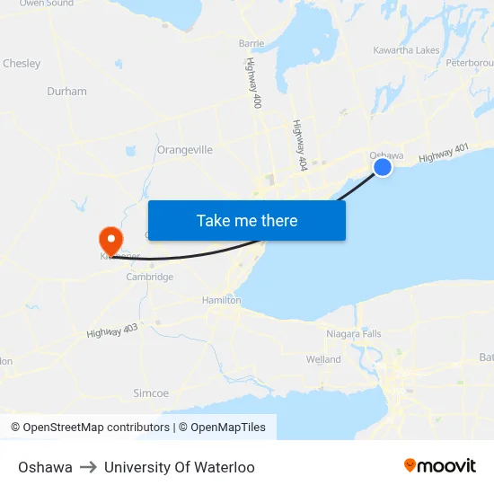 Oshawa to University Of Waterloo map